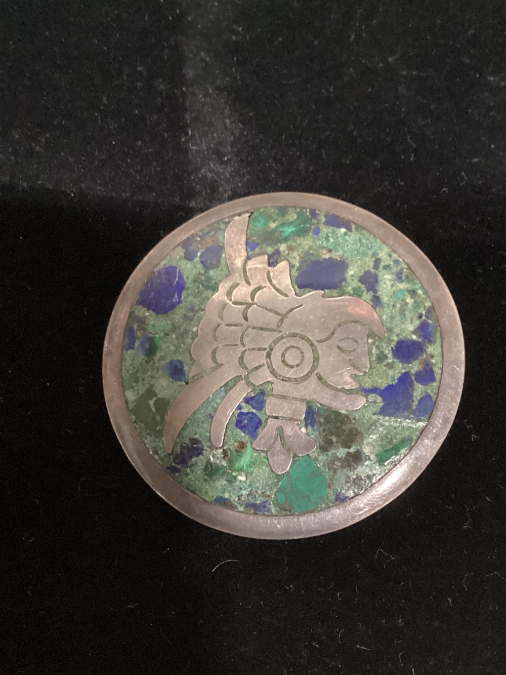 Round Silver Inlay Brooch with Green and Blue Stone Motif